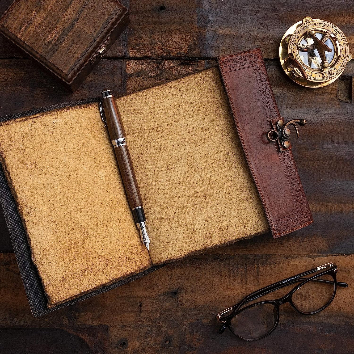 Leather Journal with Semi Precious Stone - Lock Closure, 240 pages Antique Deckle Edge Paper - Book of Shadows, Grimoire Journal, Witch Journal for Men and Women - 7" x 5"