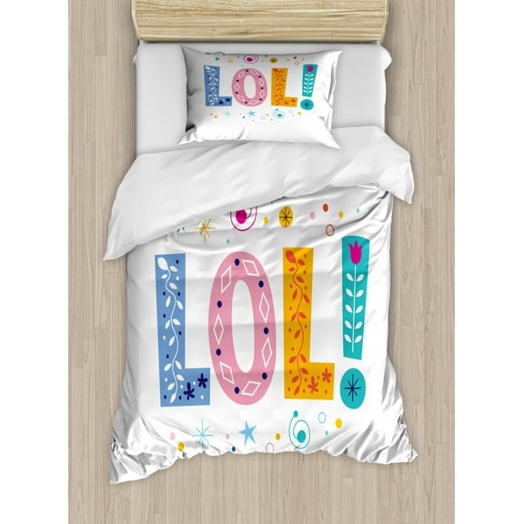 LOL Duvet Cover Set Twin Size, SMS Message Expression with Colorful and Floral Letters Amusement Chuckle Phrase, Decorative 2 Piece Bedding Set with 1 Pillow Sham, Multicolor, by Ambesonne
