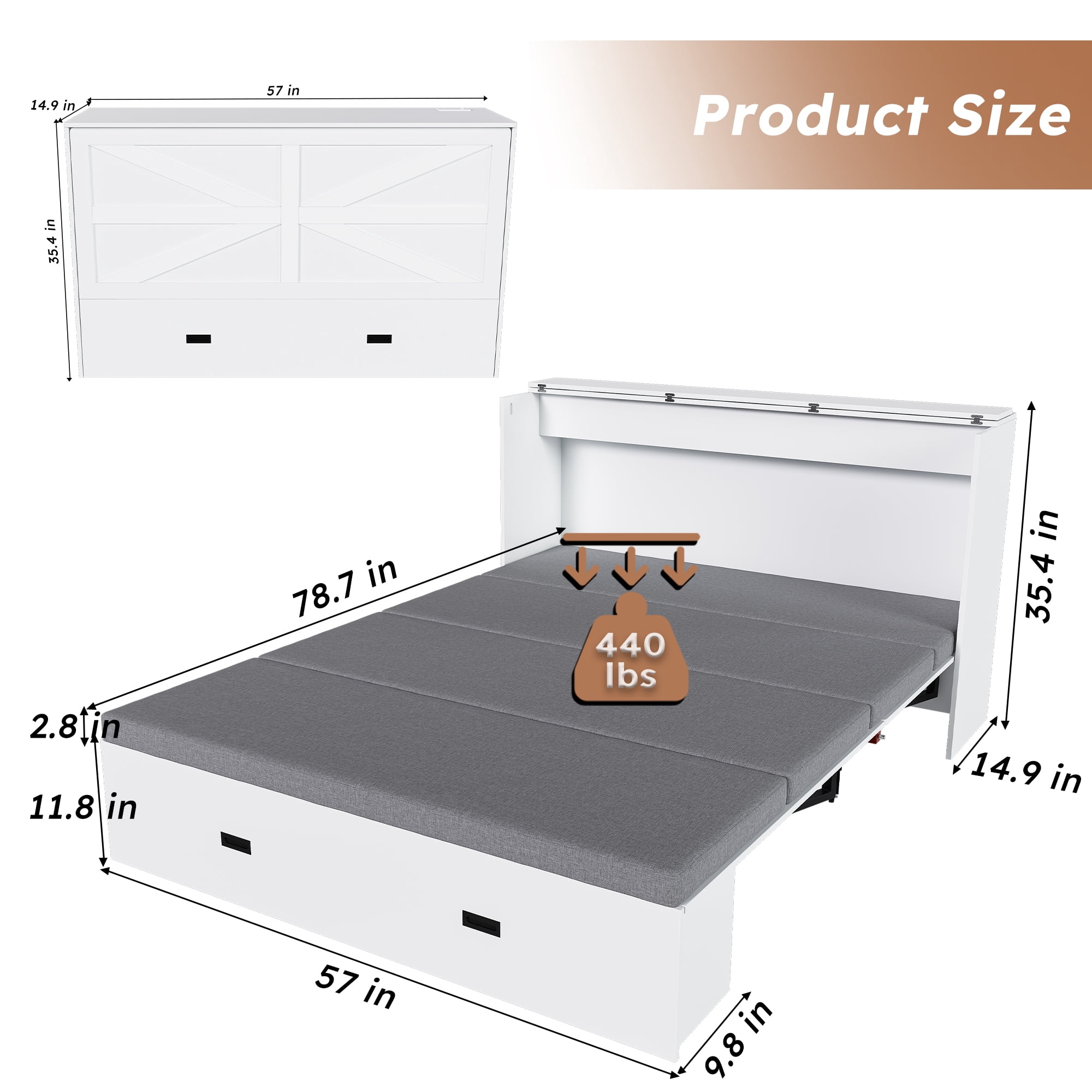 Mintazer Full Murphy Bed with 2.8" Mattress & Charging Station, Foldable Cabinet Bed with Storage Drawers for Bedroom Guest Room&nbsp;Living Room, White