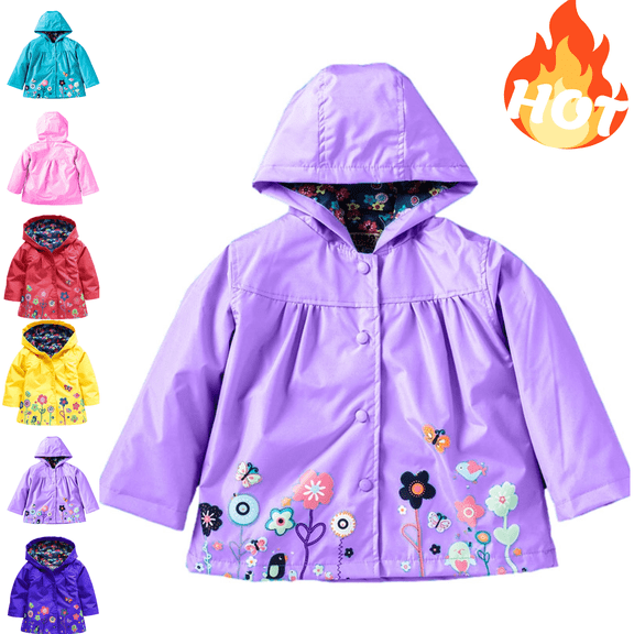 Mifsaly Kids Rain Jacket Cute Floral Graphic Girls Hooded Button Down Windbreaker Waterproof Windproof Warm Fall Coat Outerwear