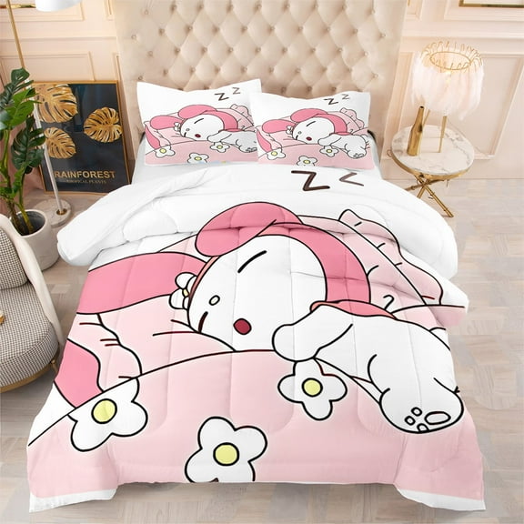 3-Piece Kawaii Melody Bedding Sets for All Season, Kids Pink Comforter Set with Quilt & Pillowcases , Twin/Twin XL