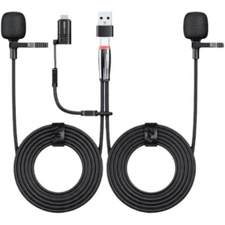 KOMI Dual Head Dual Channel Stereo Lavalier Microphone;Two microphones for Radio reception 96KHZ/24BIT Recording;Interview Audio Recording Karaoke Live Streaming for Android Apple Devices (1 M)