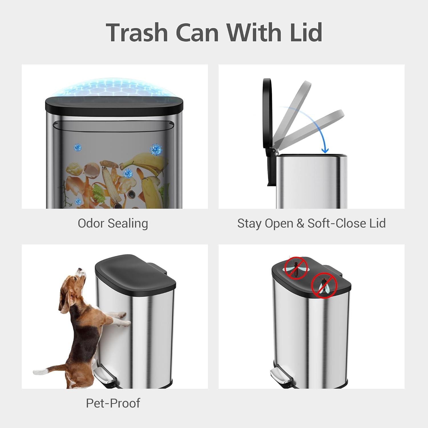 Garvee 13.2 Gallon Kitchen Trash Can with Lid,  D-Shape, Smudge Resistant, Stainless Steel, Silver