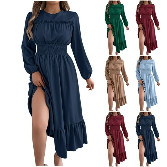 THDHVS Dresses for Women,Summer Dress,Summer Women Year-Round Casual Solid Round Neck Loose Split Wrinkle-Free Long Vacation Dress with Pockets Navy L