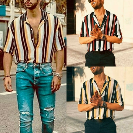 Men's Strip Short Sleeve Dress Shirts Button Down Slim Casual Stylish