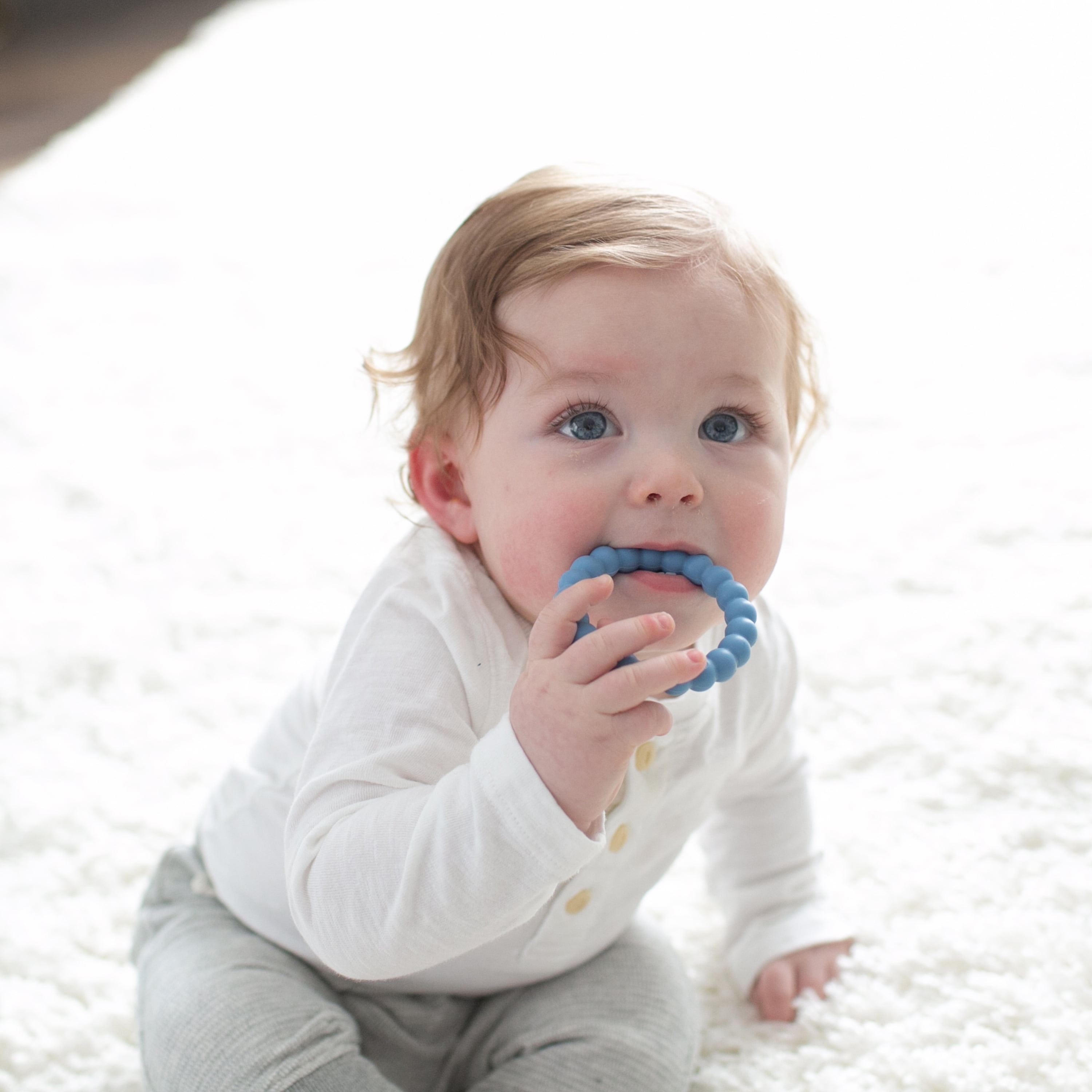 Dr. Brown's Flexees Baby Teether, Beaded Rings, 100% Silicone, Black/Blue/Light-Blue, Infant-Toddler, 3-Pack