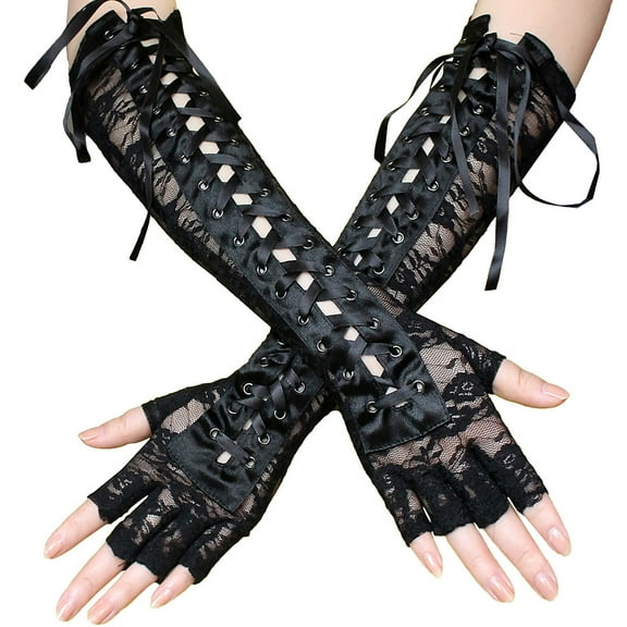 Fjofpr Gloves for Women Costume Carnival Glove Carnival Sexy Lace Strap Gloves For Men And Women Long Ribbon Half Finger Etiquette Gloves