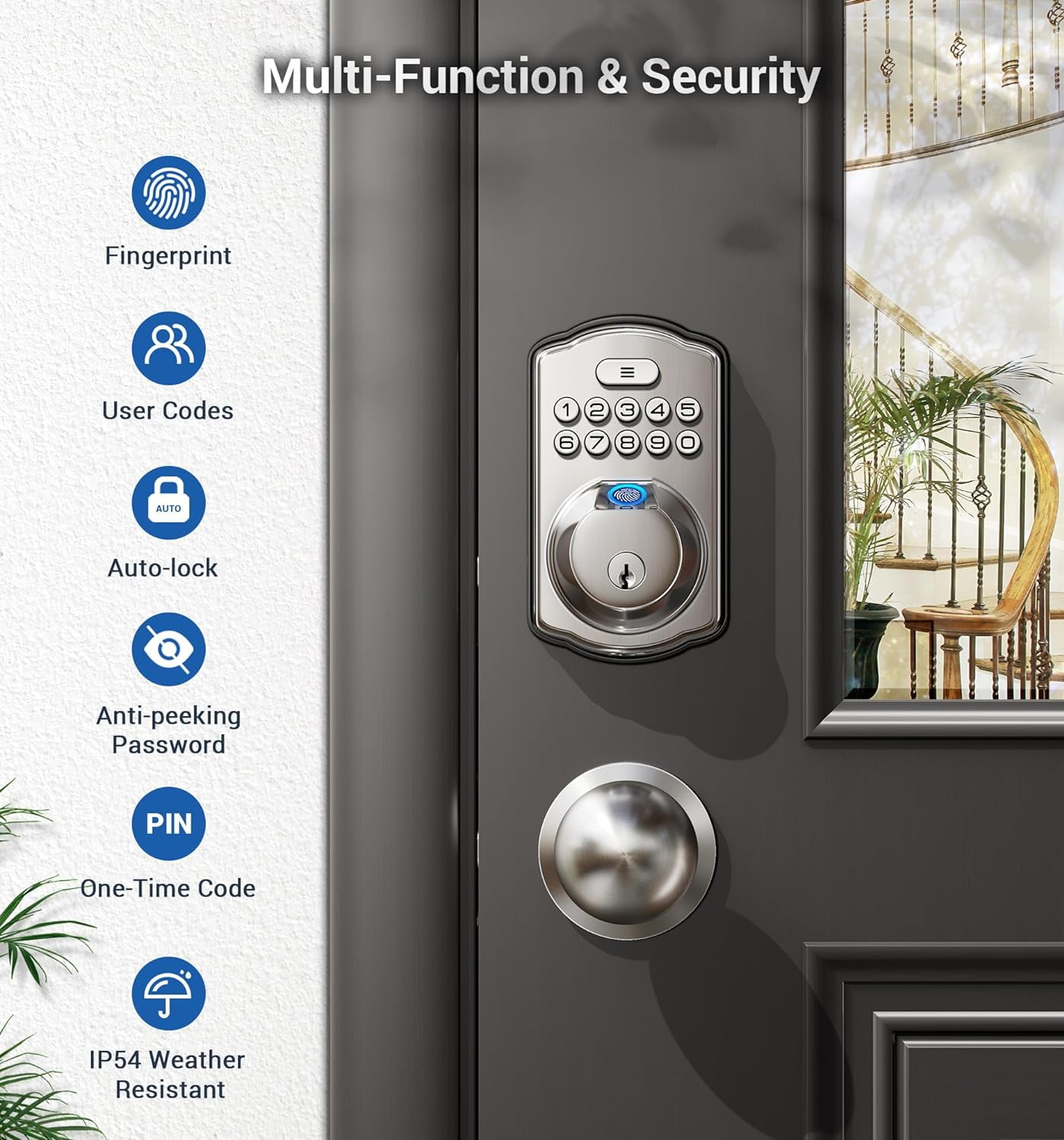 Veise Fingerprint Door Lock with 2 Knobs, Keyless Entry Door Lock with Knob, Electronic Keypad Deadbolt, Waterproof, Easy Installation, Satin Nickel