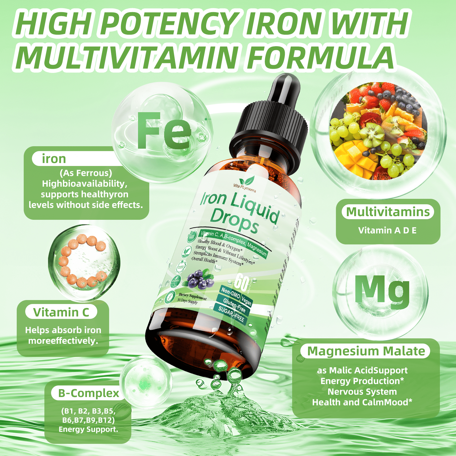 2 Pack Liquid Iron Supplement for Women Men & Kids, Vegan Iron Drops with Vitamin C D, B12, B-Complex, High Potency Liquid  with Multivitamin for Anemia, Energy Support, Magnesium  Gentle