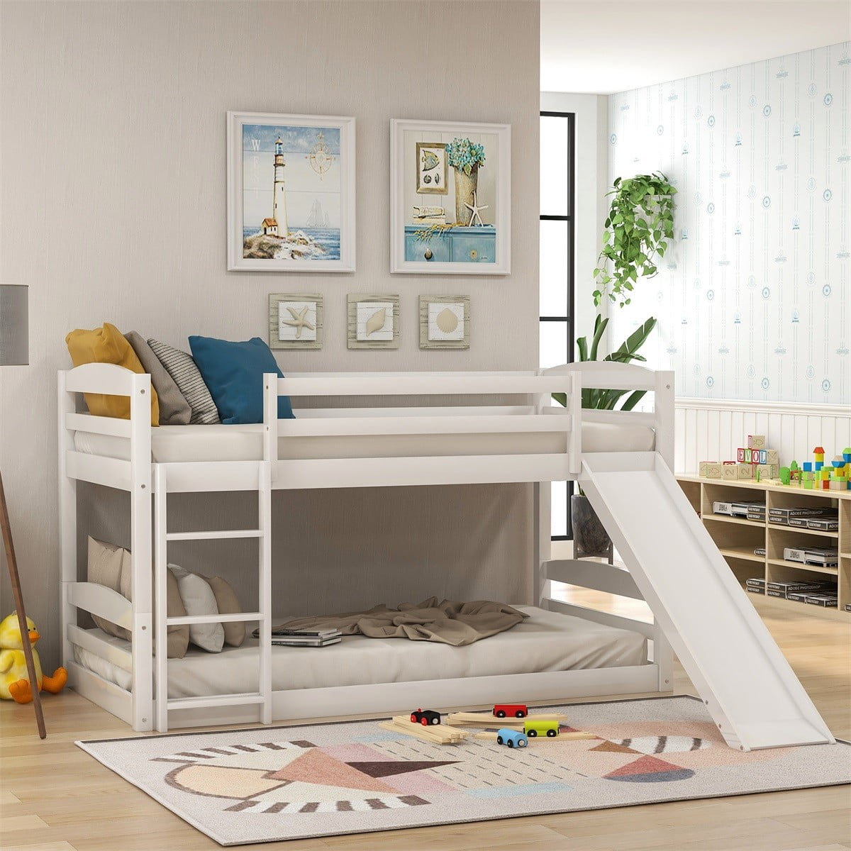 Modernluxe Twin Over Twin Low Bunk Bed Loft Bed With Slide And Ladder
