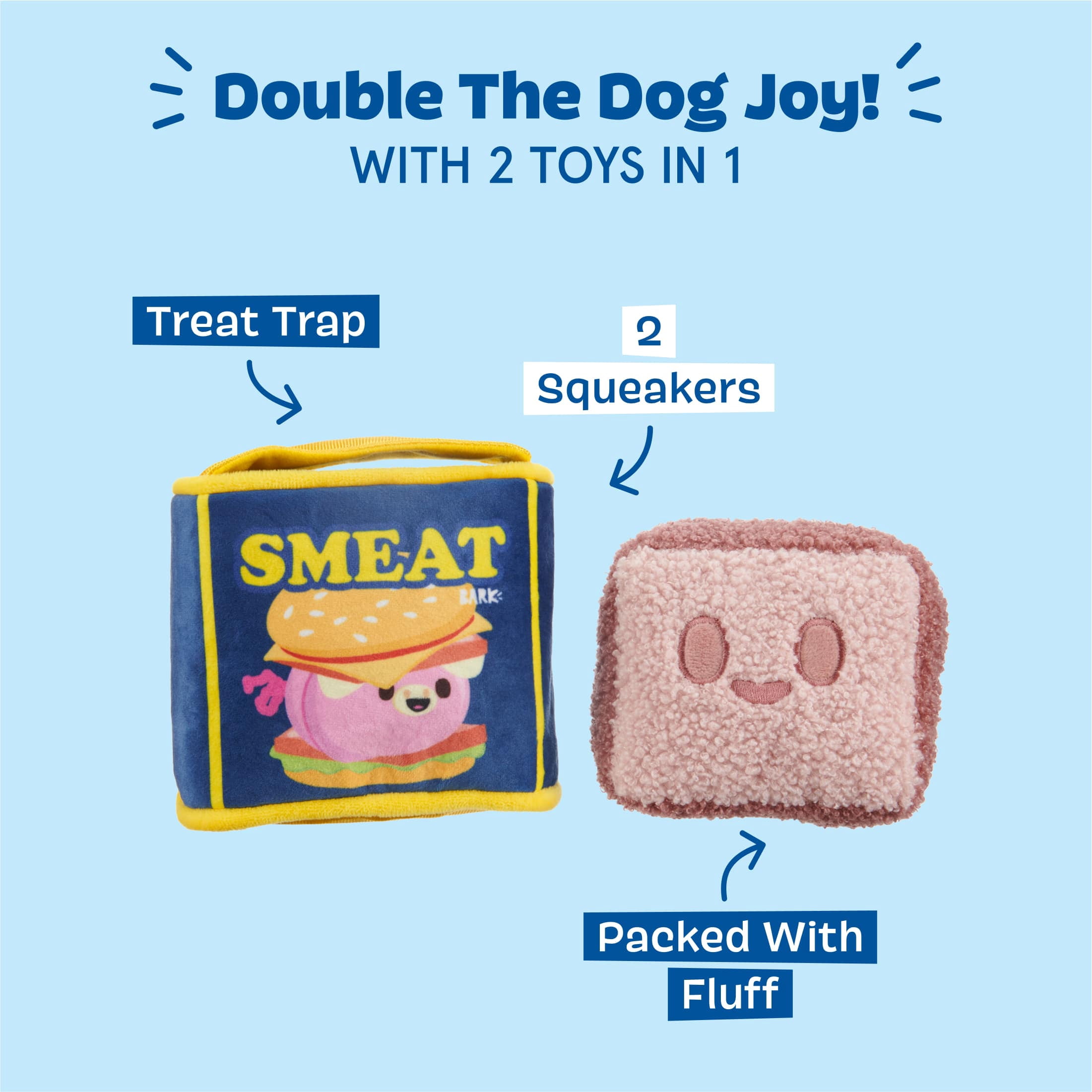 BARK Canned Smeat Canned Ham Meat Plush Pink, Blue, and Yellow Dog Toy, for Extra Small to Small Dogs