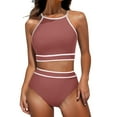 thumbnail image 6 of WIZUTIZ Womens Swimsuits Tankini Camisoles High Rise Push Up Slim Tank Top with Shorts Ribbed Cold Shoulder Color Block Swimwear Sleeveless Crew Neck Swimwears One Piece with Liner Beach Brown, 6 of 6