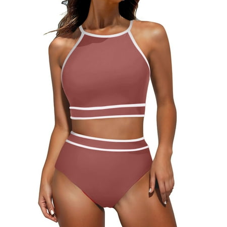 Ruimatai Women s High Waisted Bikini Sets Sporty Two Piece Bikini Swimsuits T-Back Color Block Cheeky High Cut Bathing Suits
