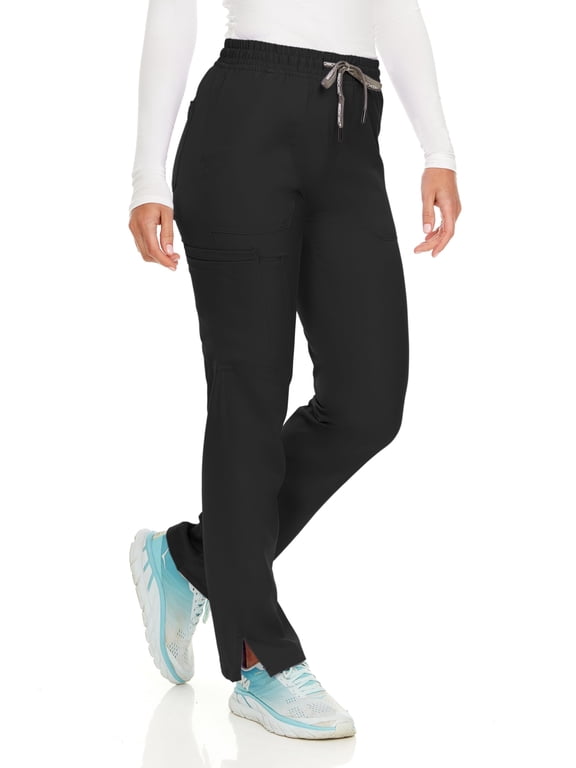 Women's Straight Leg Seven Pocket Cargo Scrub Pants with 4-Way Stretch Anti-Wrinkle Moisture Wicking Scrubs Black