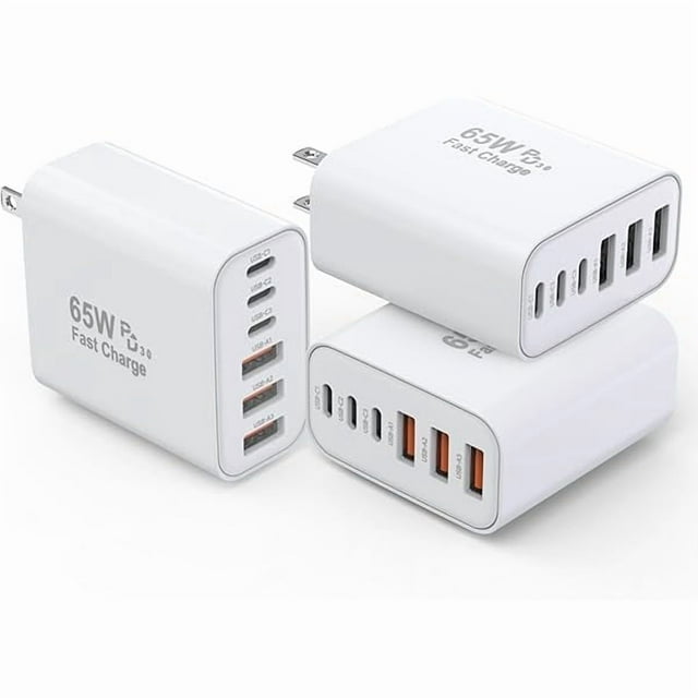 LinQingQ 3 Pack 65W GaN Type C Wall Charger Block,6-Port Fast Charging Block,PD USB C Plug Adapter+QC Plug Compatible with Apple iPhone 17/17 Air/16E/16Pro Max/16Plus/16/15/14/13/12/11/XS Max,iPad Pro
