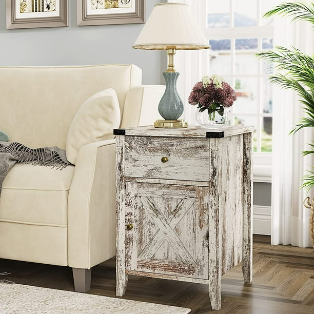Rustic White Nightstand with Charging Station,Farmhouse End Table with