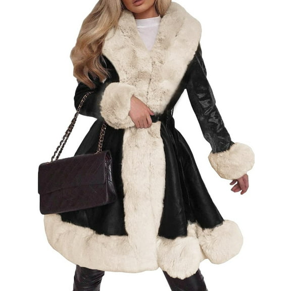 Winter Fashion Lapel Women Faux-Fur Patchwork Long Leather Jacket Coat