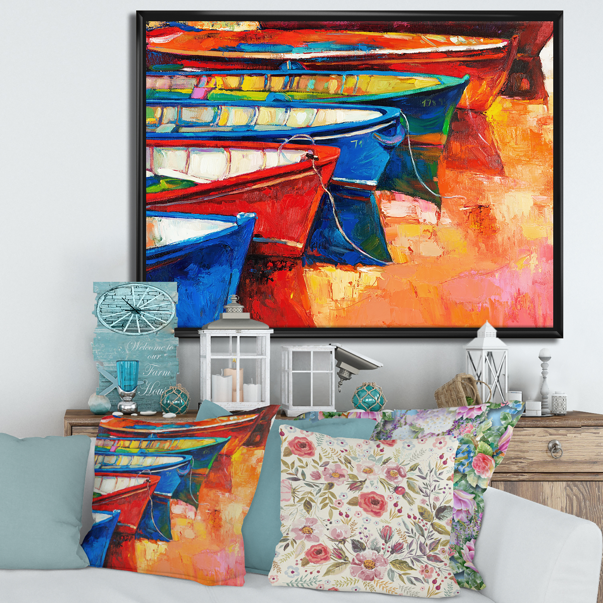 Boats During Warm Colourd Sunset In The Harbor II 32 in x 24 in Framed Painting Canvas Art Print, by Designart