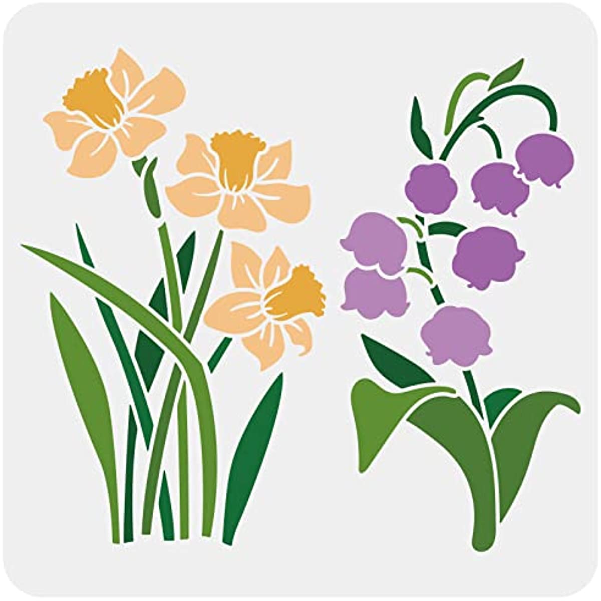 Flower Bouquet Stencil 11.8x11.8 inch Daffodil Flower Stencils Bell Orchid  Painting Stencil Plastic Reusable Spring Plant Flower Leaf Stencil