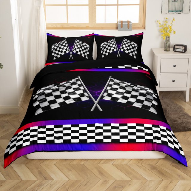 Erosebridal Race Gamer Comforter Cover Queen, Racing Car Bedding Queen Size, Geometry Stripes Decor, Reversible 3 Pieces(No Comforter)