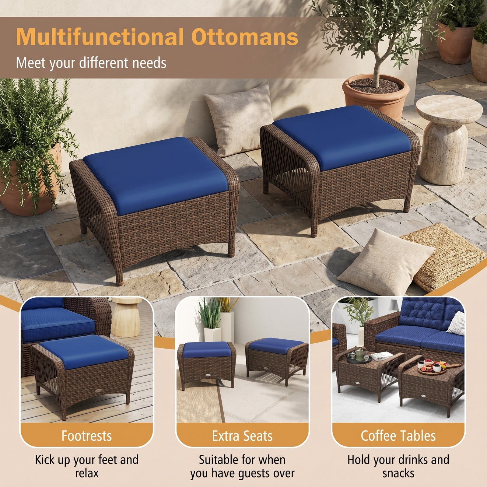 Furnibear Set of 2 Outdoor PE Wicker Patio Ottomans with Removable Cushions for Foot Rest, Extra Seating and Side Table Use, Navy