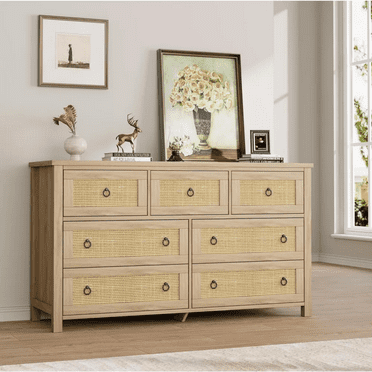 Yellow 7 Drawer Dresser for Bedroom Tall Rattan Chest of Drawers Boho Wood Storage Cabinet for Nursery Living Room Entryway Closet