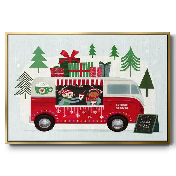 Santa's Foodtruck Collection A - Framed Gallery Wrapped Holiday Canvas - 17 x 25 - Gold Frame