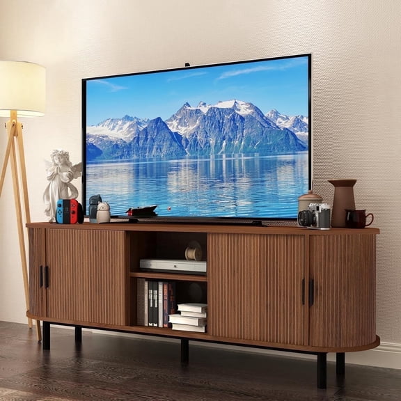 LEFHDA 62" TV Stand, Storage Cabinet and Entertainment Center with Tambour Door, Mid Century Modern TV Stand for Living Room, Modern TV Console Table for 65/70 Inch TV (Walunt)