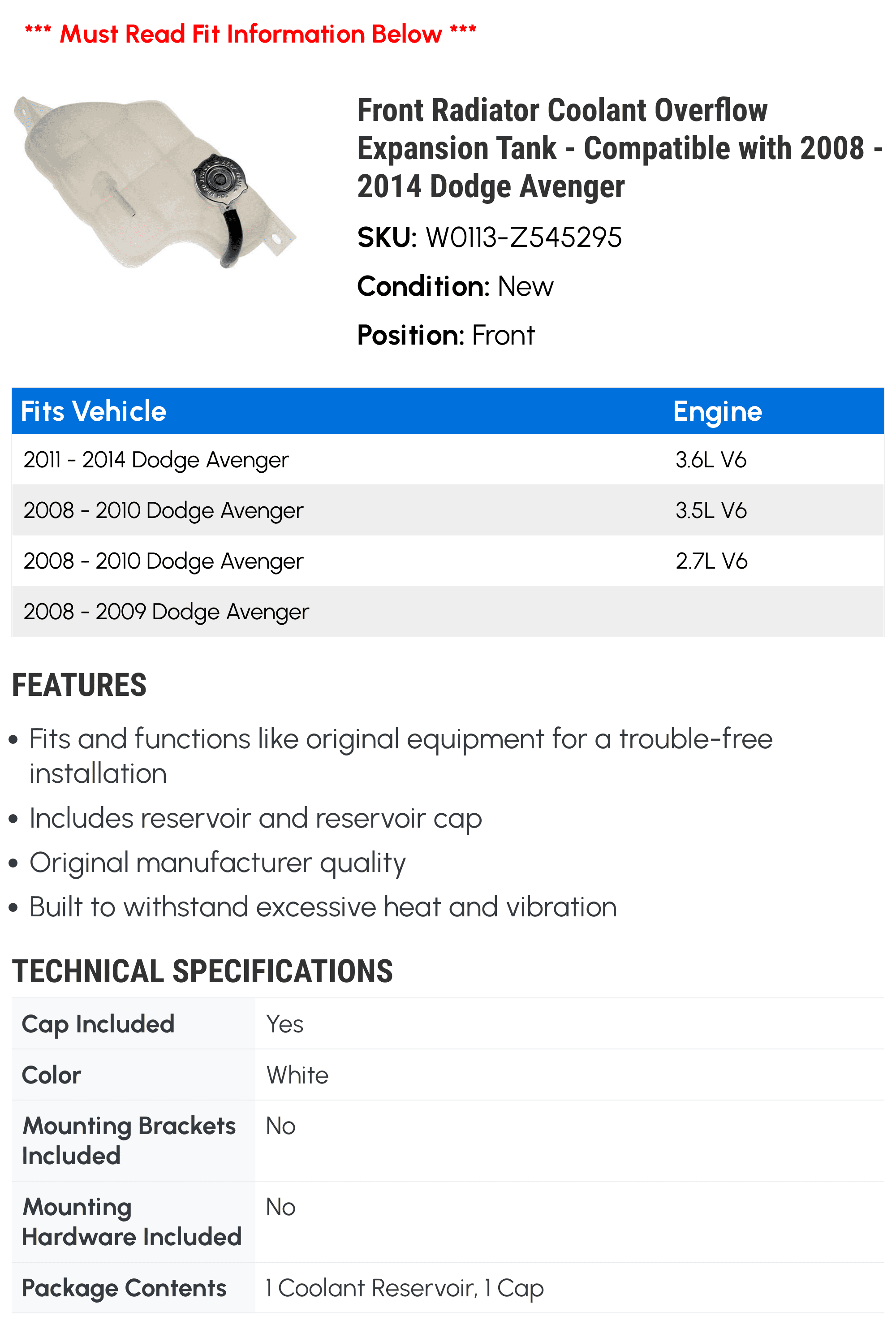 Front Radiator Coolant Overflow Expansion Tank - Compatible with 2008 - 2014 Dodge Avenger 2009 2010 2011 2012 2013