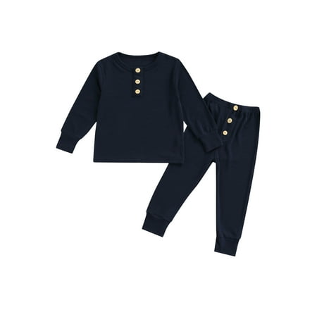 

Suanret Toddler Kids Boys Girls Solid Color Sleepwear Long Sleeve Pullover Tops Long Pants 2Pcs Homewear Pajamas Dark Blue 2-3 Years