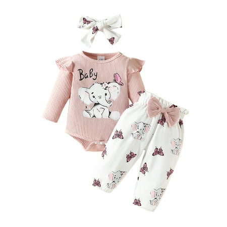 

Newborn Baby Girls Fall Clothes Set Elephant Print Long Sleeves Ribbed Romper + Bowknot Pants Headband Outfit