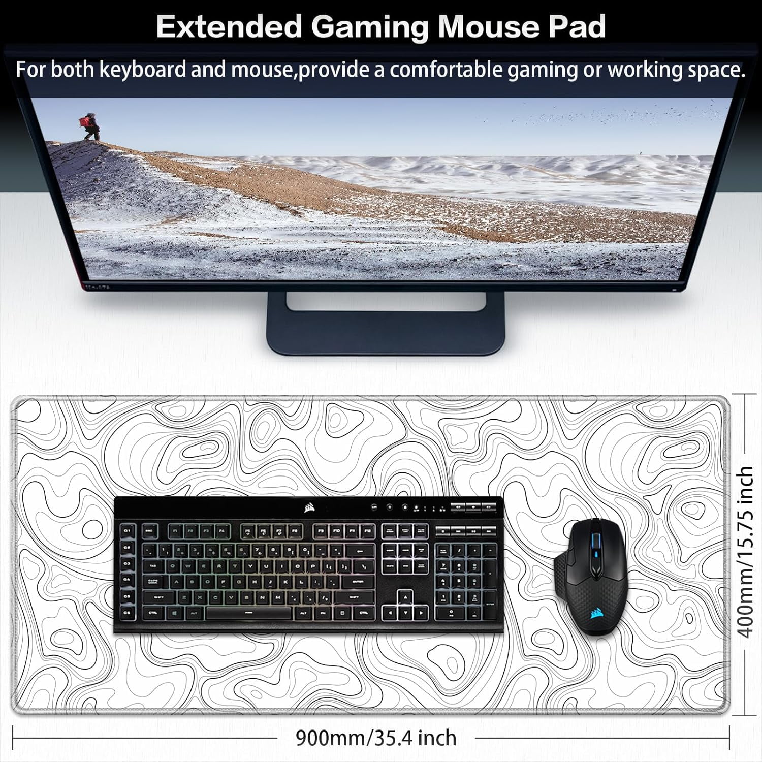 Gaming Mouse Pad, Topographic Contour Mouse Pad 35.4x15.7inch Large Extended Computer Mouse Mat Keyboard Full Desk Mousepad for Gaming, Office, Home