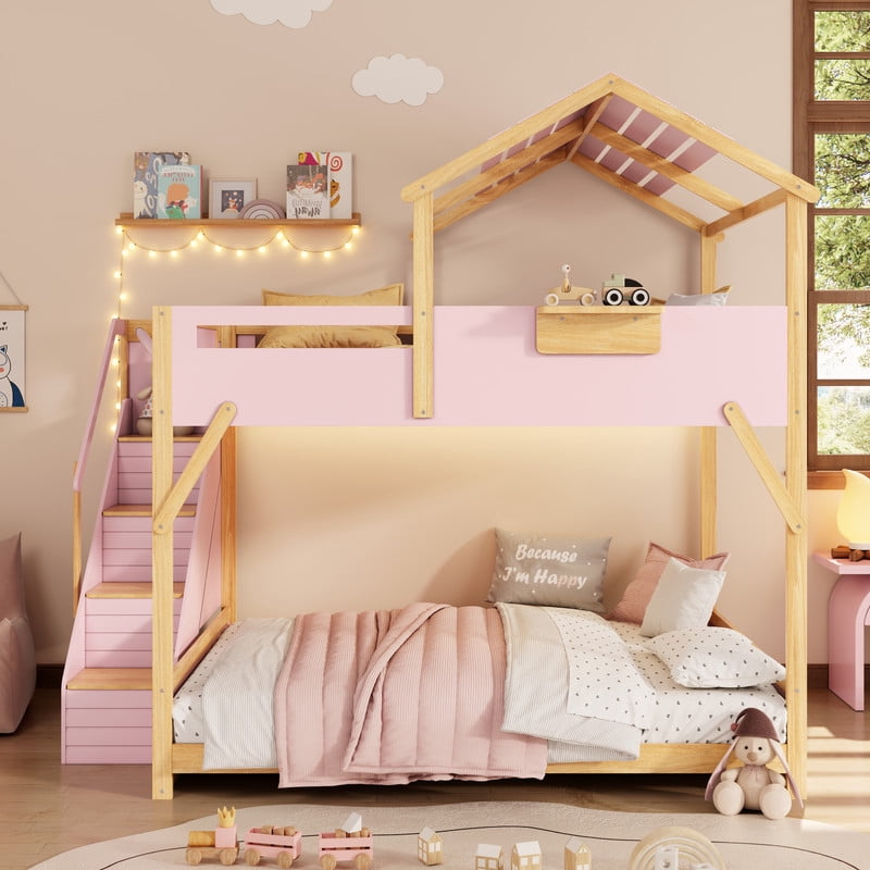 Full over Full House-Shaped Bunk Bed with Roof & Stairs, Kids Bed Frame with 3-Color LED Lights & Bedside Storage Shelf