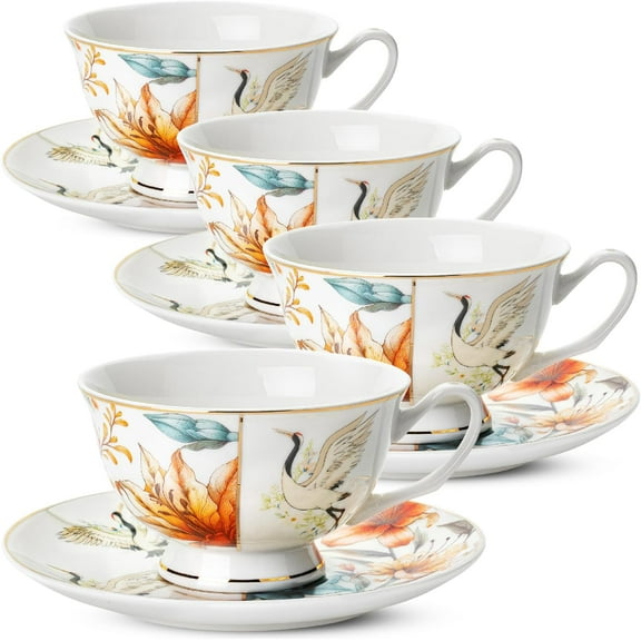 Floral Porcelain Tea Cups Set of 4, 8 oz, Cup & Saucer Sets, Tea Cup Set of 4