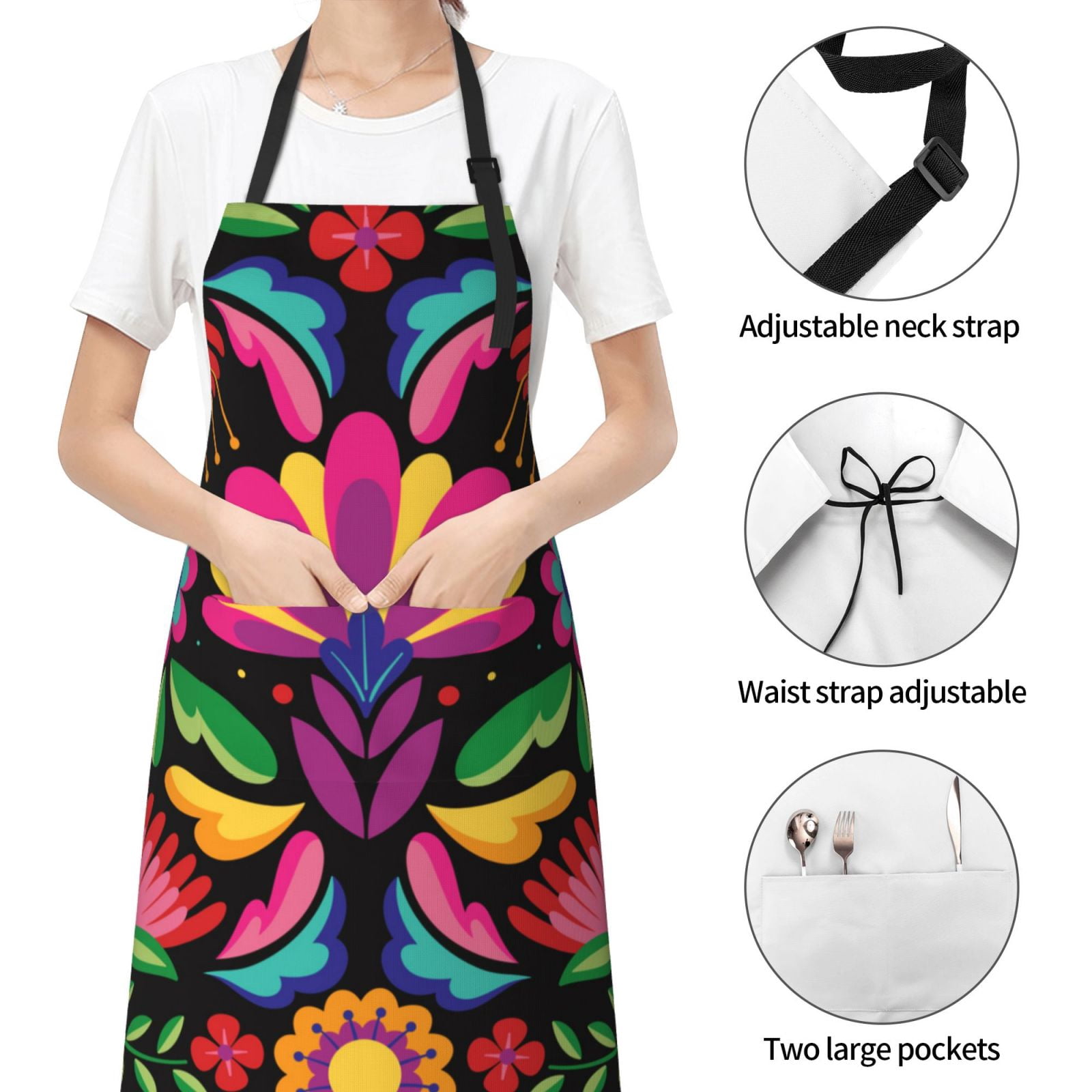 Kdxio Colorful Floral Embroidery Mexican Apron with Pockets Adjustable Kitchen Aprons for Men Women Waterproof Aprons for Cooking,Drawing,Crafting, Baking Household Cleaning