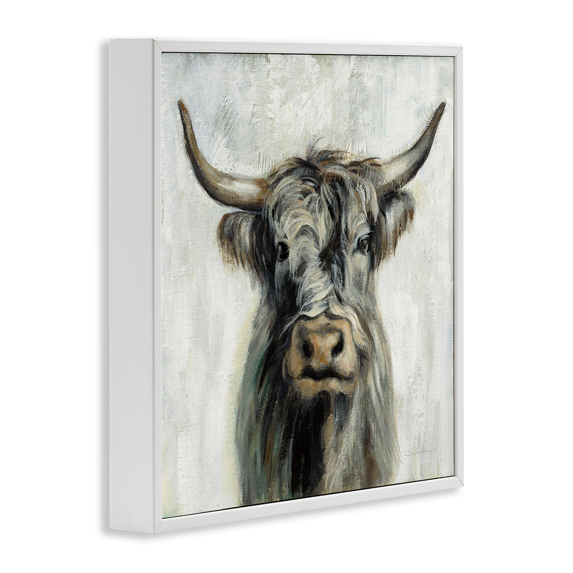 Stupell Industries Masculine Bull Portrait Cottage Animals & Insects Painting White Framed Art Print Wall Art, 24 x 24