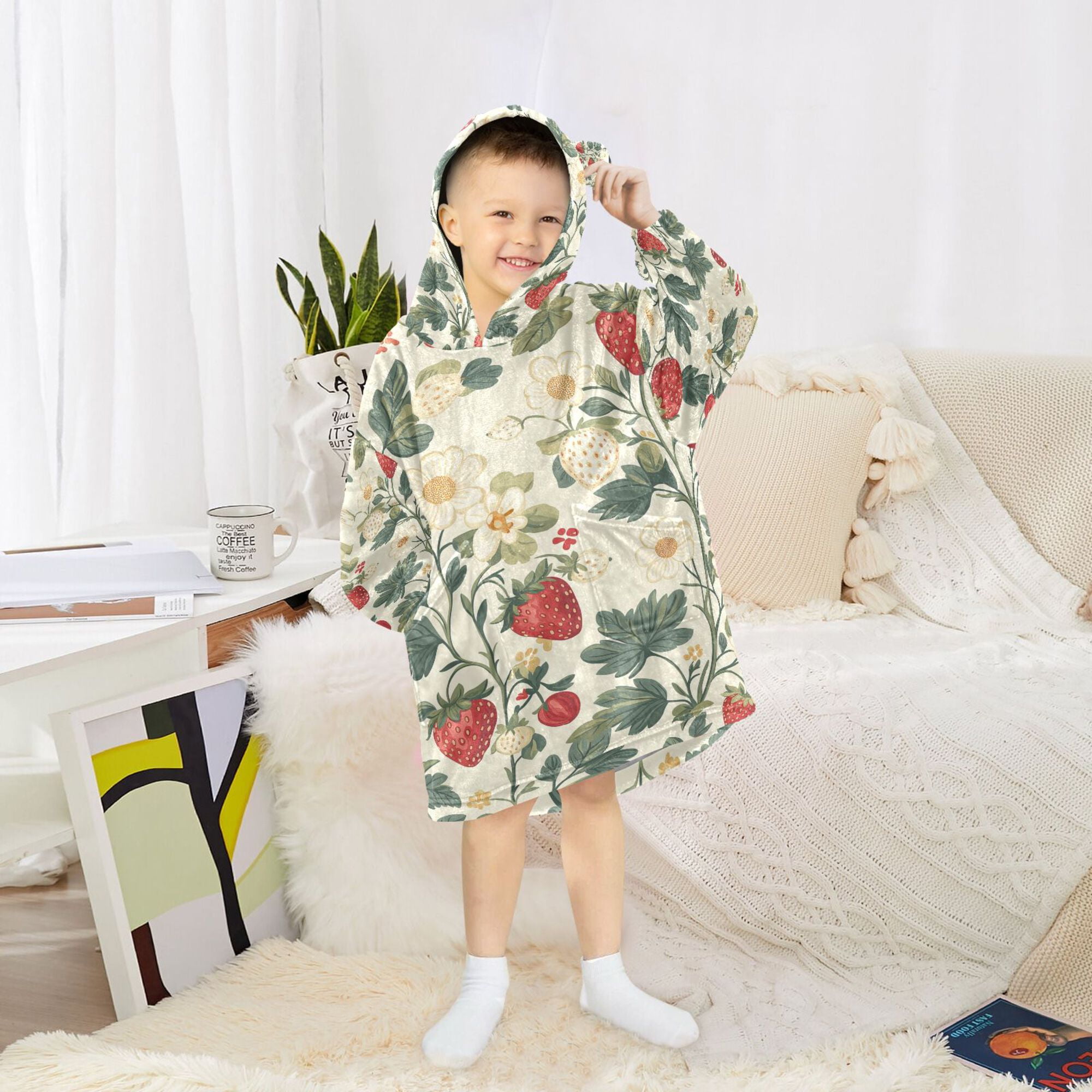 FORMRS Wearable Blanket Hoodie with Sleeves for Kids Cozy Flannel Sweatshirt, Small Strawberry Pattern