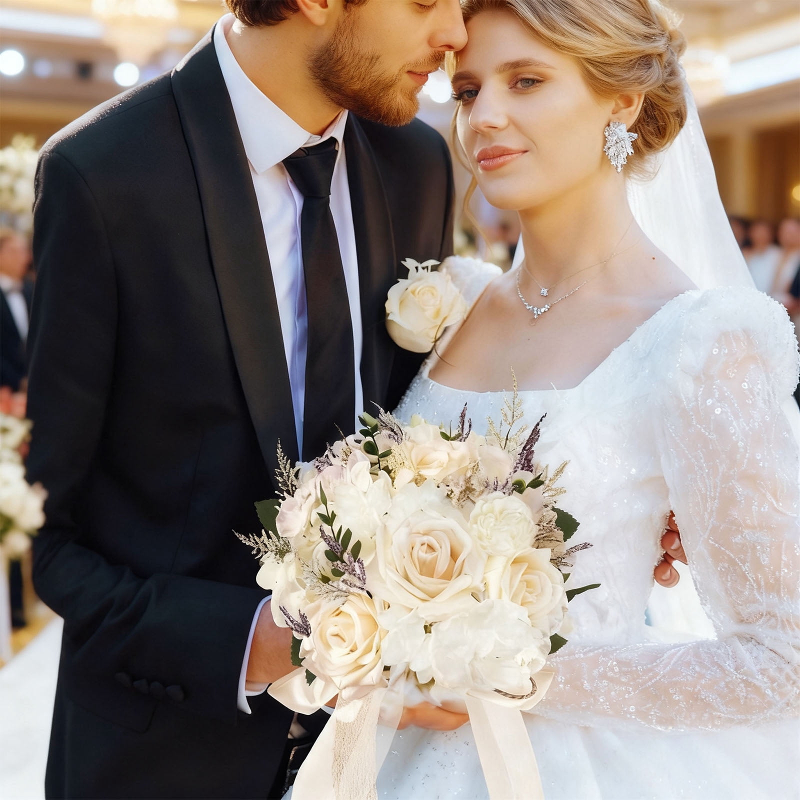 Artificial Wedding Bouquets, Champagne White Roses Flower Bouquet for Bride, Bridesmaid, 13.8 in / 35 cm for Wedding and Photography
