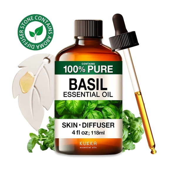 Kukka Basil Essential Oil with Aromatherapy Stone - 100% Pure Plant-Powered for Diffuser, Aromatherapy, Massage & DIY Crafts - 4 fl oz