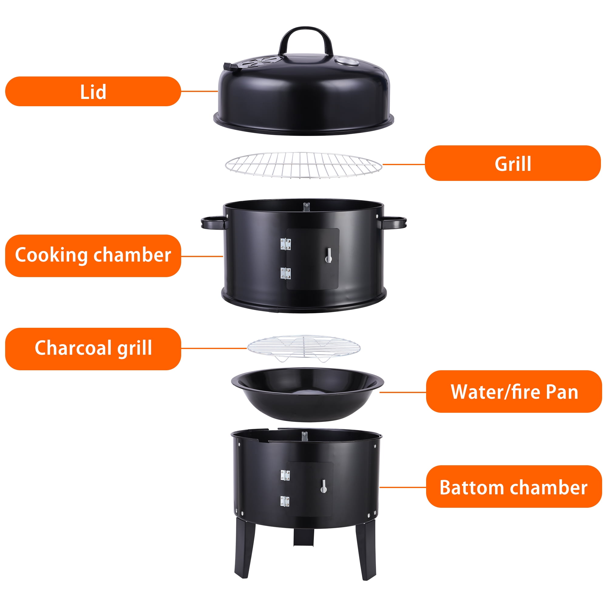 Smoker Side Fire Box Portable Charcoal Grill, Black