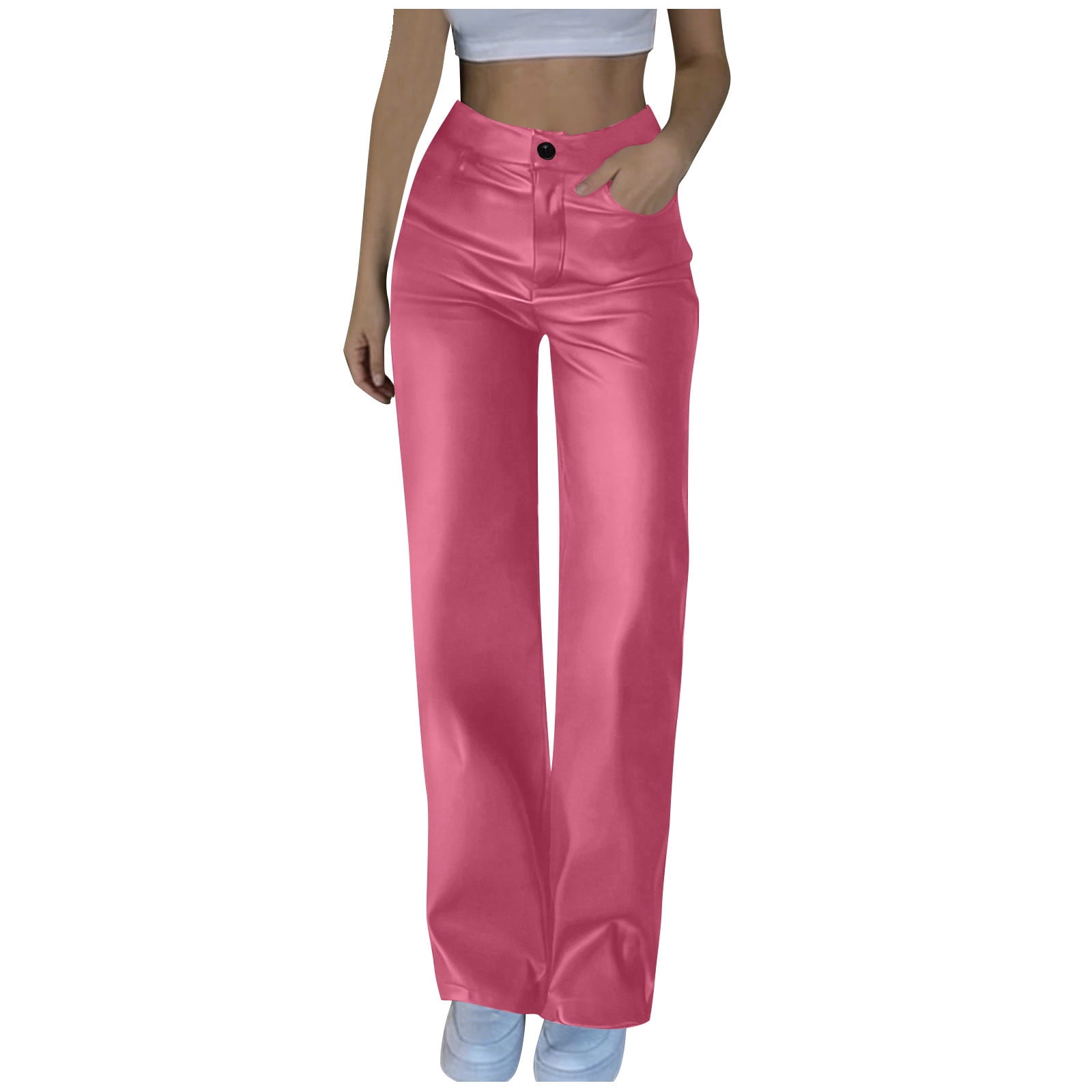 Moxiu Women's Casual Faux Leather Pants High Waisted Button Elastic Loose Straight Leg Hot Pink,S