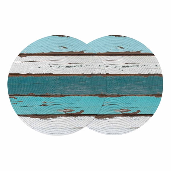 Turquoise Teal Round 15 Inch Placemats Set of 2, Farmhouse Retro Ombre Wooden Grain HeatResistant Non Slip Place Mats for Dining Table, Wipeable Braided Kitchen Table Mats for Housewarming