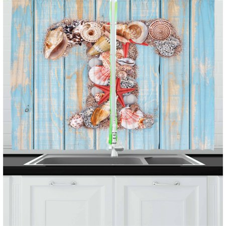 Dark Wood Window - Letter T Curtains 2 Panels Set, Letter T with Freshwater Invertebrates on Weathered Wood Planks, Window Drapes for Living Room Bedroom, 55W X 39L Inches, Pale Blue Ivory Dark Coral, by Ambesonne