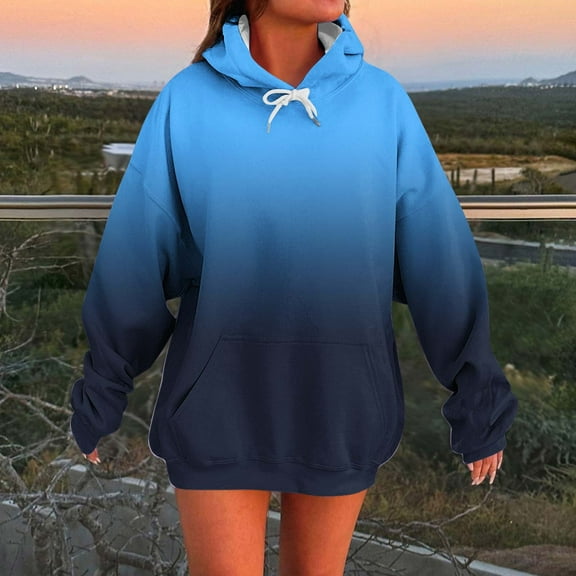 VOONCAS Women's Oversized Blue Ombre Hoodie - XL, Stretchy Fabric with Kangaroo Pocket, Trendy Casual Wear for Everyday Use