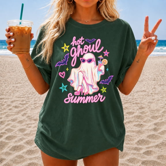 Hot Ghoul Summer Shirt, Spooky Halloween T-Shirt, Summerween Girl Tee, Funny Ghost Cocktail Womens Tee