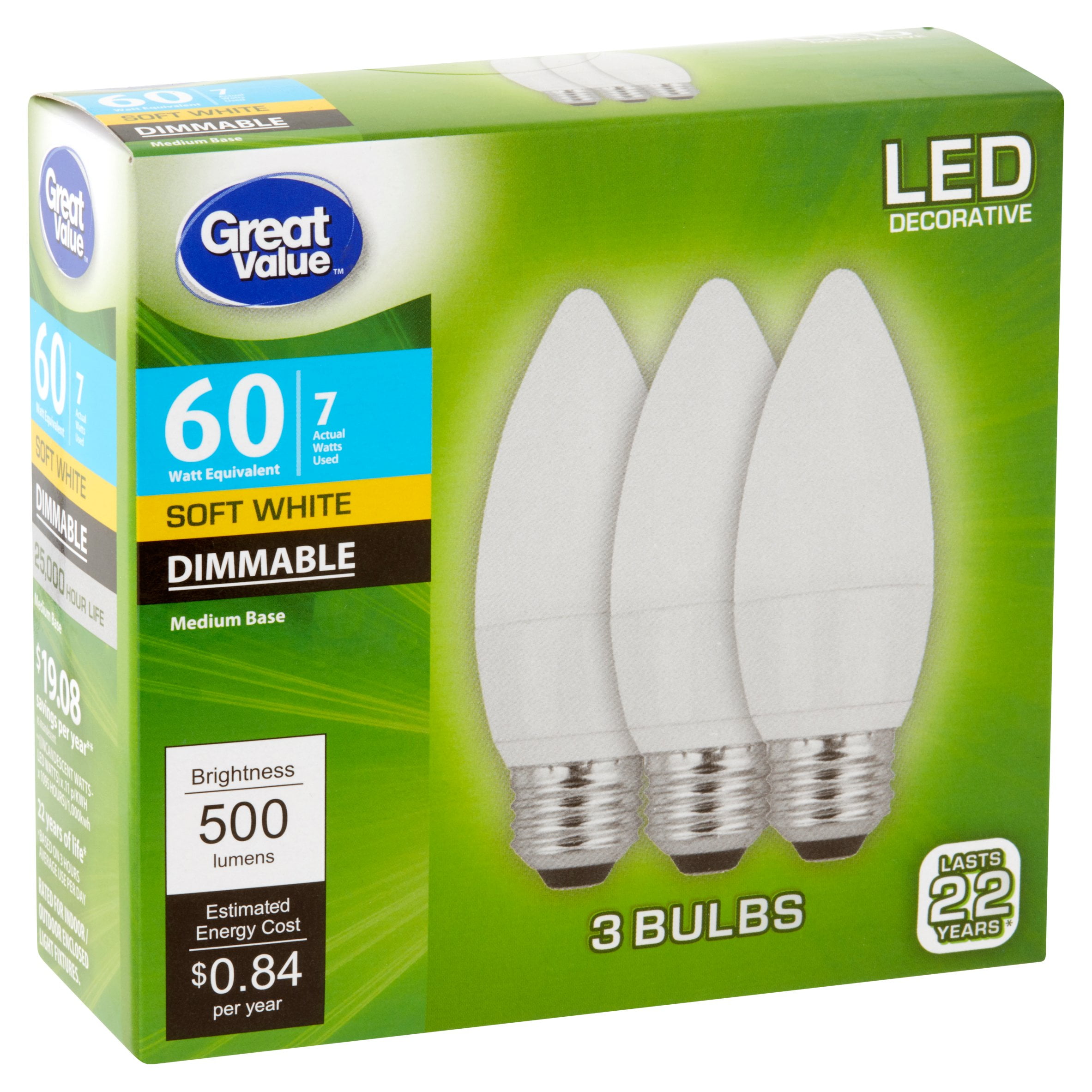 Great Value LED Light Bulb, 7W (60W Equivalent) B11 Decorative Lamp E26 Mediun Base, Dimmable, Soft White, 3-Pack