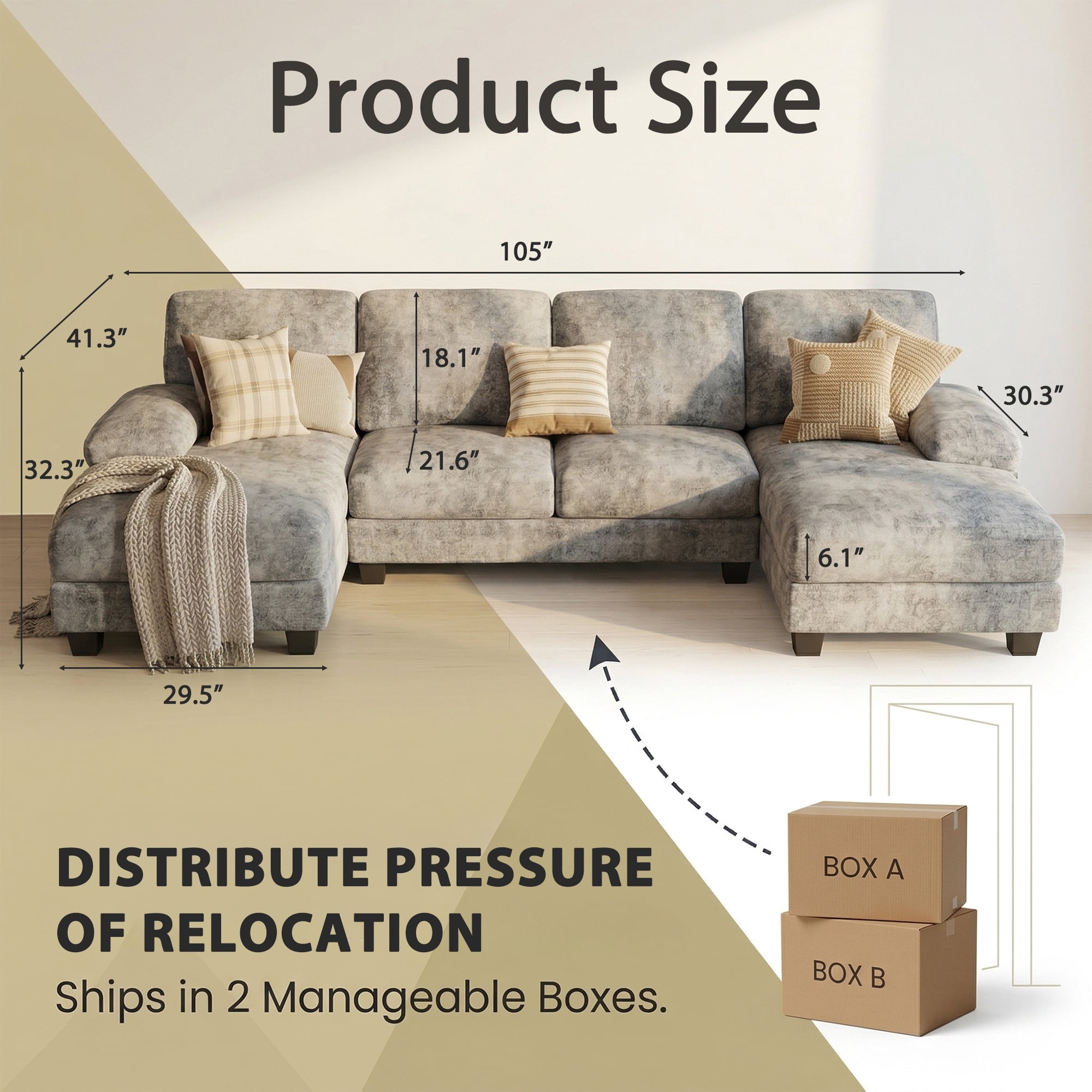 Vineego U-Shaped Sectional Sofa with Double Chaise 4-Seat Modular Sofa Couch for Living Room,Chenille Gray