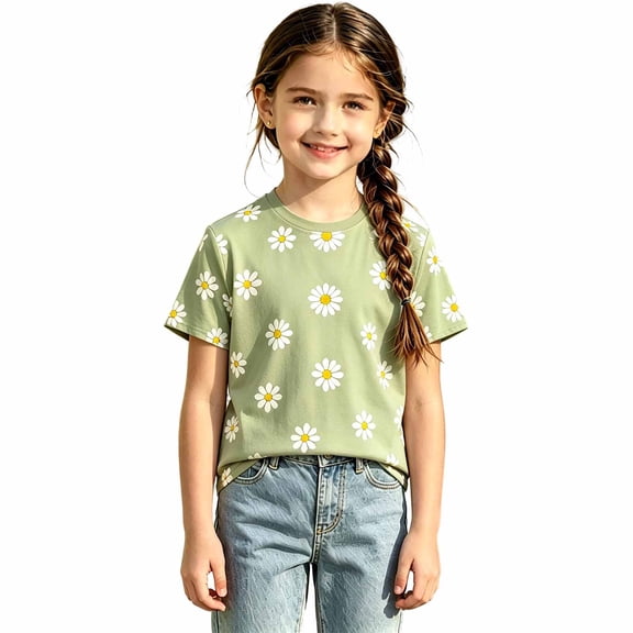 Jamsmile Toddler Girls Tshirts Summer Short Sleeve Daisy Print Tees Tops Kids Girls T Shirts Blend Stitching Casual Tops Kids