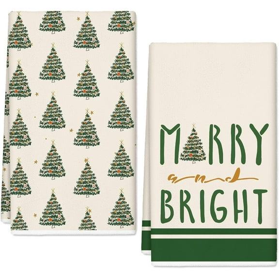 2Pcs Christmas Kitchen Towel Green Vintage Xmas Tree Dish Towels 18 x 26 Inch Hand Drying Tea Towel for Cooking Baking Cleaning