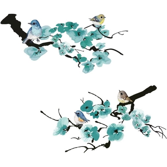 Blue Plum Blossom Wall Stickers Birds Pastoral Style Wall Decals Ink Style Wall Stickers Decals Tree Branch Wall Decals Art Decor for DIY handcrafting
